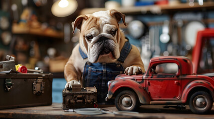 Pooch mechanic fixing a toy car with a toolbox and grease-stained overalls.


