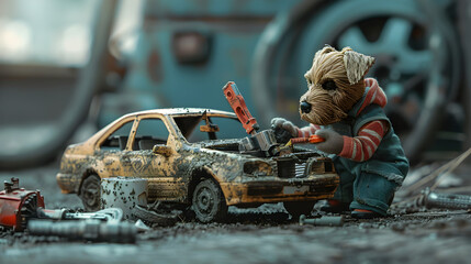 Pooch mechanic fixing a toy car with a toolbox and grease-stained overalls.


