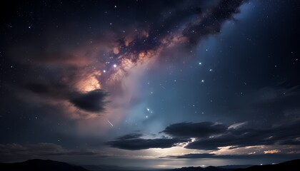 Fototapeta premium Background image, wispy nebula clouds and distant stars against a faint cosmic background, creating a serene, otherworldly atmosphere. Generative AI, Generative, AI