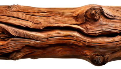 Close-up of a weathered, knotty wood plank with a rustic, natural texture. isolated on transparent and white background.
