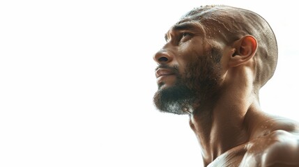 Profile of a focused athletic man with sweat on his face, displaying strength and determination against a white background.