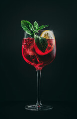 Red martini in a glass with ice, a slice of orange and mint leaves