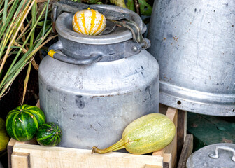 still life with various old aluminum objects, historical dishes