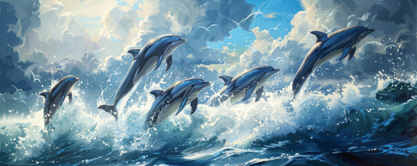 Fototapeta premium A pod of dolphins leaping out of the ocean, their bodies glistening in the air.
