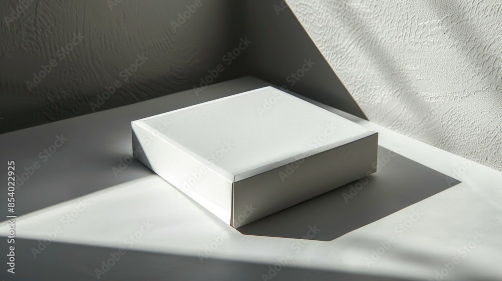 Poster a single white box sits on top of a white table, providing a minimalist and clean setting