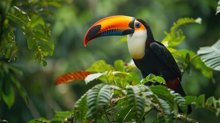 Fototapeta premium Toco Toucan displaying its vivid colors, perched among the dense greenery of the Amazon rainforest