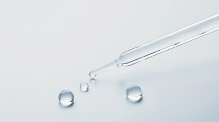 Close up image of a glass pipette with clear drops on a white background Concept related to cosmetics or medicine in a minimalist design Ample space for text