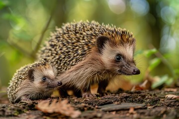 Fototapeta premium Two small hedgehogs standing together, a cute moment of friendship or companionship