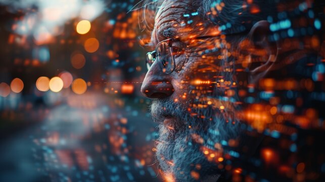 Striking digital composite featuring a man and blended city lights