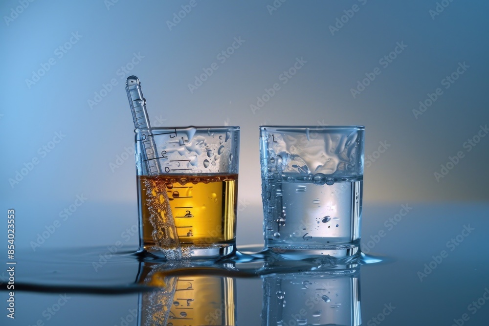 Poster A simple still life image showing two glasses, one filled with water and the other with an unknown liquid, placed on a table