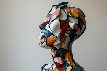 A contemporary, avant garde sculpture of an abstract human form shattered into various materials, conveying themes of identity, diversity, and dismantling stereotypes