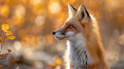 Obraz premium Close-up of a fox with soft golden light creating a bokeh effect behind it, conveying a sense of wildness