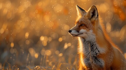 Obraz premium Red fox captured in a side profile with a warm bokeh of sunlight giving the image an autumn vibe