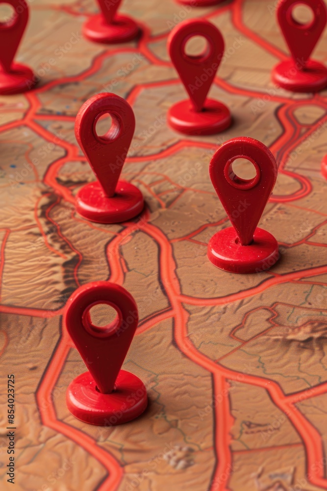 Poster a detailed view of a map with red pin markers, suitable for travel or navigation purposes