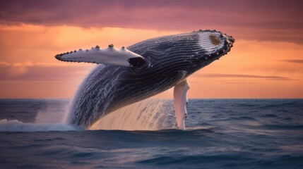 Fototapeta premium majestic tropical whale breaching the surface of the ocean, its body silhouetted against a pastel-colored sky.