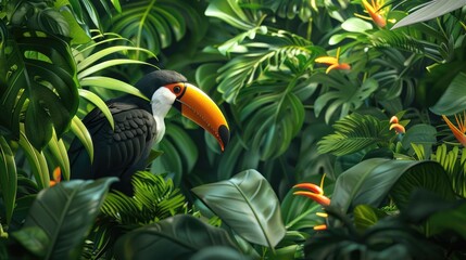 Toco Toucan in its natural habitat, perched amidst the lush foliage of the Amazon rainforest.
