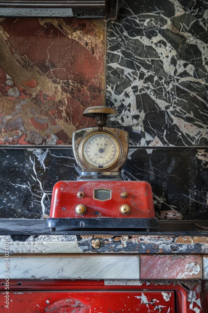 Poster A close-up shot of a red stove with a clock on top, perfect for depicting time and warmth