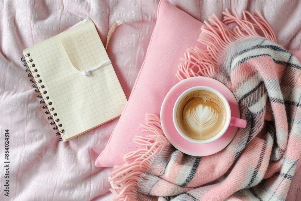 Poster a person is relaxing with a cup of coffee and a notebook on a bed