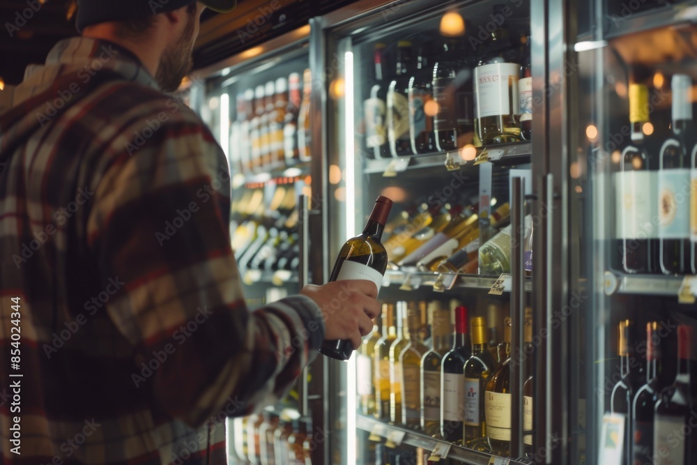 Poster A person standing in front of a refrigerator filled with various types of wine, suitable for use as a background or props in food and beverage related concepts