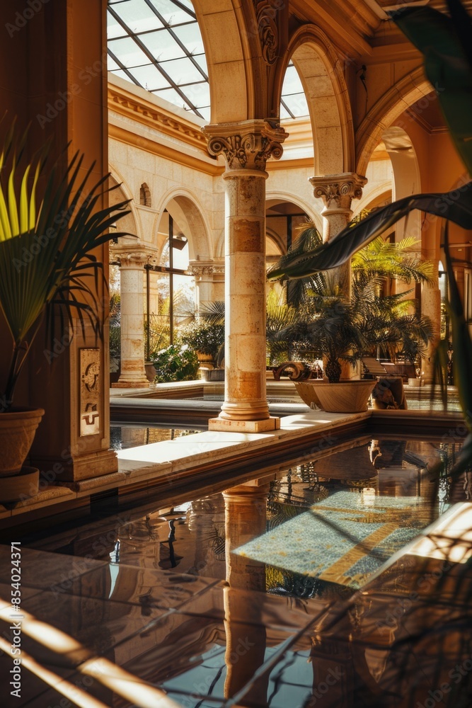 Poster A photo of a swimming pool surrounded by columns in a big building, perfect for use as an architectural or interior design reference image