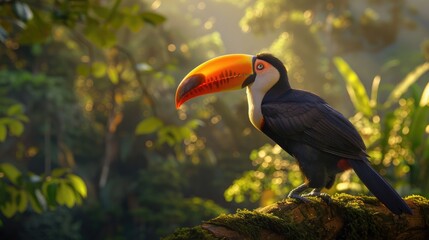 Obraz premium Toco Toucan with its striking beak, set against the beautiful backdrop of the Amazon forest, showcasing the diversity of Ramphastidae