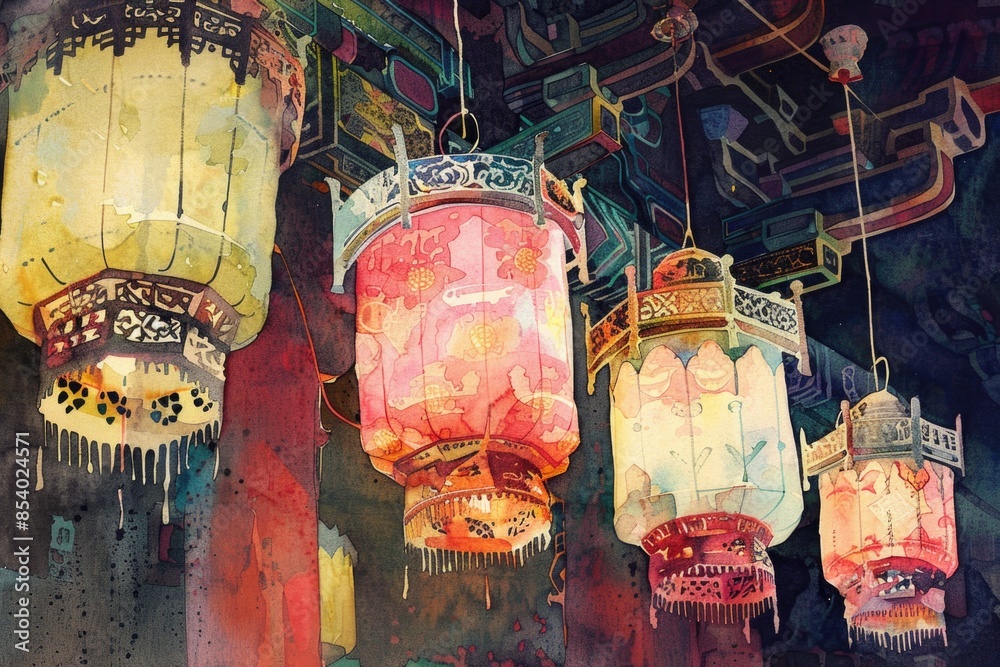 Poster group of lanterns hanging from a ceiling, ideal for decorative or event use