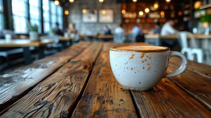 Artistic close-up of a coffee cup on rustic wooden table in a cozy cafe setting