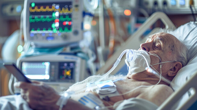 Elderly patient in hospital bed with monitor
