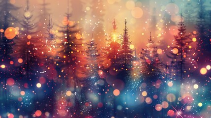 Obraz premium Festive Christmas Forest with Sparkling Lights. Abstract Colorful Christmas Trees in Fog, Magical Forest with Bright Bokeh Light Effects, New Year's Card Illustration
