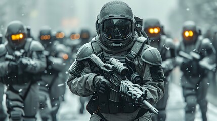 Fototapeta premium Futuristic Military Soldiers in advanced exoskeletons with hightech weapons and gear
