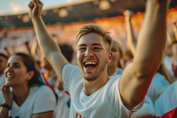 Obraz premium Young soccer fan cheering with arms raised in stadium