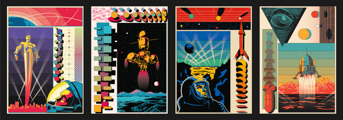 Abstract Cosmic Illustrations, Spacecrafts, Astronauts, Planets, Geometric Shapes, Original Color Combinations. Vector Templates for Space Posters, Covers, Illustrations © koyash07