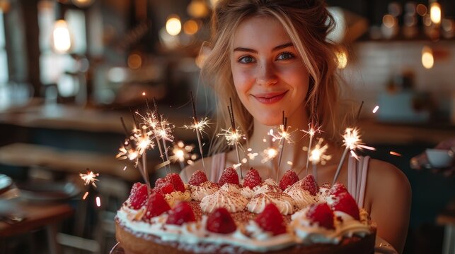 Smiling woman presenting a cake adorned with sparklers in a warm, cozy café setting