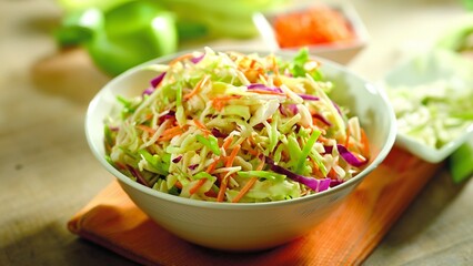 Teller gemischter Krautsalat auf dem Tisch als leckere Beilage zum BBQ
