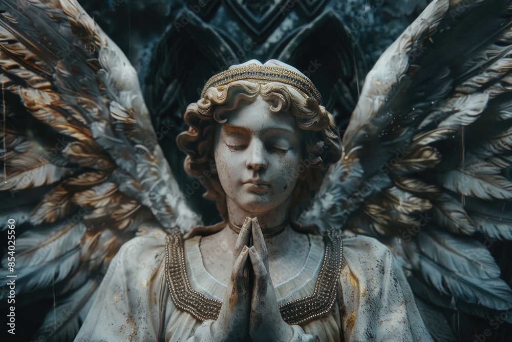 Poster close-up view of a statue of an angel's face or head, often used in symbolic representations