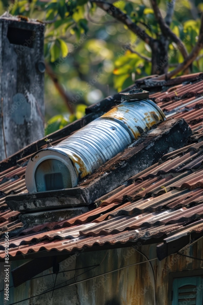 Aufkleber a rooftop feature with a metal pipe on top, suitable for use in architectural or urban planning cont