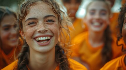 Close-up of a joyful girl surrounded by her enthusiastic soccer teammates