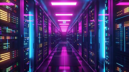 Obraz premium Vibrant data center corridor with futuristic lights. AI-generated image of modern server room showcasing bright neon colors and advanced technology.