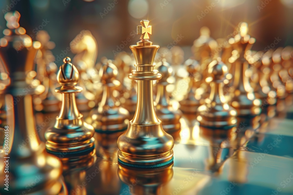 Poster group of golden chess pieces arranged on a chess board, with a classic design and intricate details