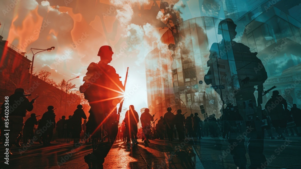 Poster Group of people walking together on a busy city street with tall buildings and vehicles passing by