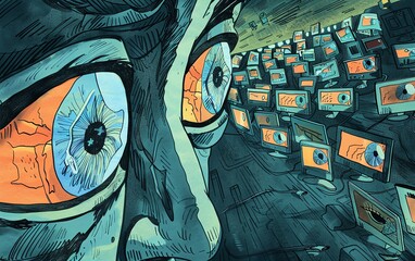 An editorial cartoon through a comically absurd, sardonic lens, lambasting government overreach, privacy violations, and mass surveillance policies