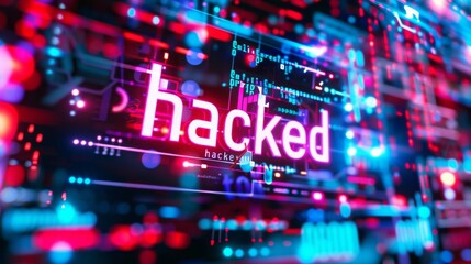 Fototapeta premium Hacked digital computer screen with cybersecurity breach warning and neon lights, digital concept protection risk hacking breach.