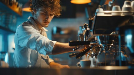 Naklejka premium Male barista making cappuccino telephoto lens realistic bright lighting --ar 16:9 Job ID: 762db749-6986-4b54-a6c5-fe763ce7045d