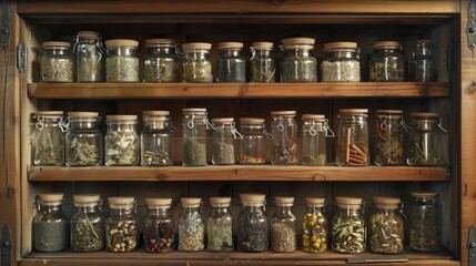 A wooden shelf filled with many glass jars, perfect for storing and displaying kitchen or bath essentials
