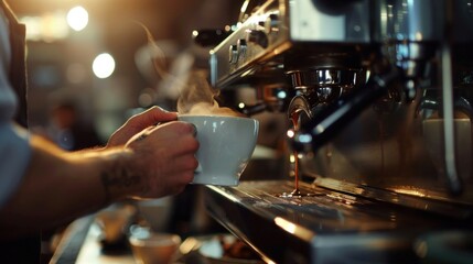 Naklejka premium Male barista making cappuccino telephoto lens realistic bright lighting --ar 16:9 Job ID: 80149e24-1a24-4353-a644-d6bd122df246