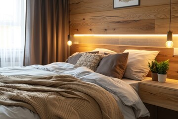 Modern bedroom interior design with wooden furniture and cozy bedding