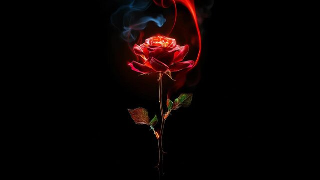 A captivating image of a red rose emitting ethereal flames, set against a dark background. The intricate details and glowing edges create a mesmerizing blend of beauty and intensity.