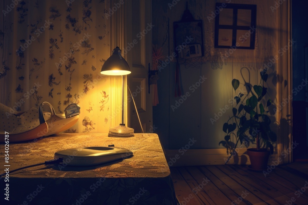 Poster a table with a lamp and a remote control, great for home decor or technology illustrations