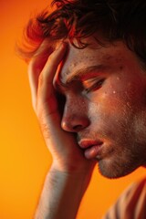 Obraz premium A person sitting or standing with their head in their hands, conveying a sense of frustration, disappointment, or despair