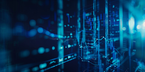 Fototapeta premium data-driven financial concept, with diagrams and financial chart graphs intersecting on a sleek dark blue blurry background, illustrating complex market analytics and investment st